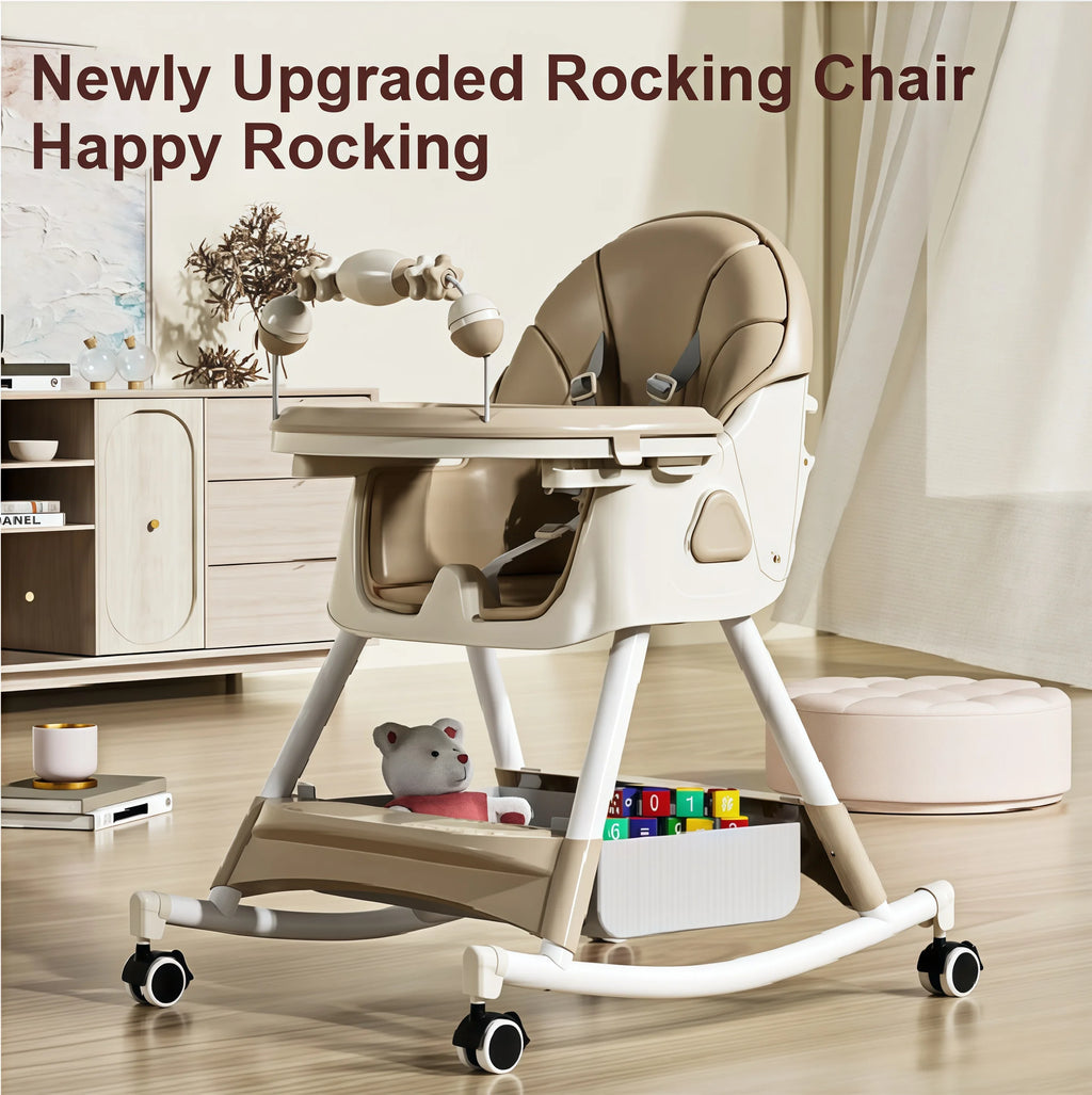 Convertible Baby High Chair 4-in-1 Toddler Feeding Seat with Removable Toy Rack, Adjustable Double Dinner Plate, Multi-Functional Rocking Horse & Yo-Yo Sliding Game Chair, Thickened Steel Tube Infant Booster Seat with Storage