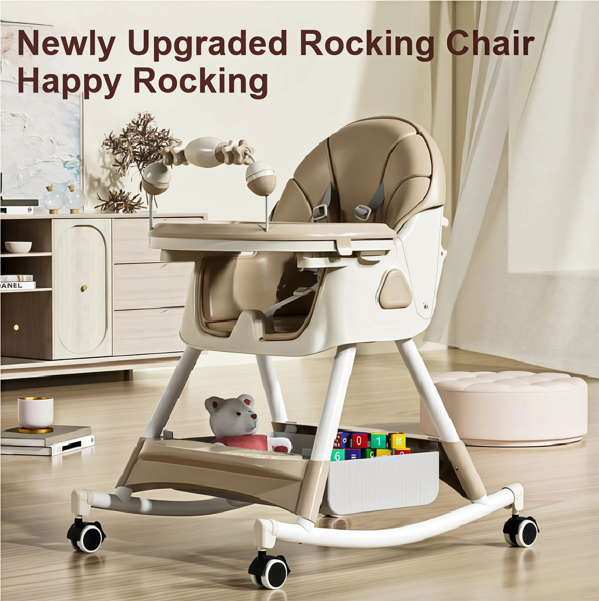 Convertible Baby High Chair 4-in-1 Toddler Feeding Seat with Removable Toy Rack, Adjustable Double Dinner Plate, Multi-Functional Rocking Horse & Yo-Yo Sliding Game Chair, Thickened Steel Tube Infant Booster Seat with Storage
