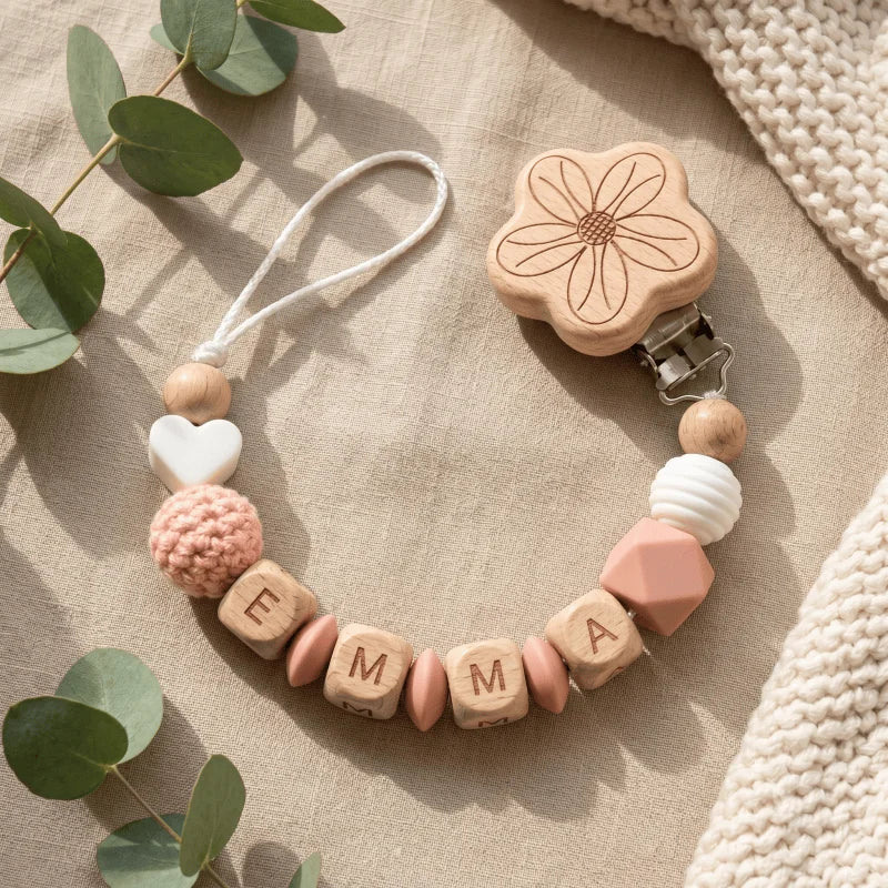 Prende-chucha Personalizado em Madeira e Silicone