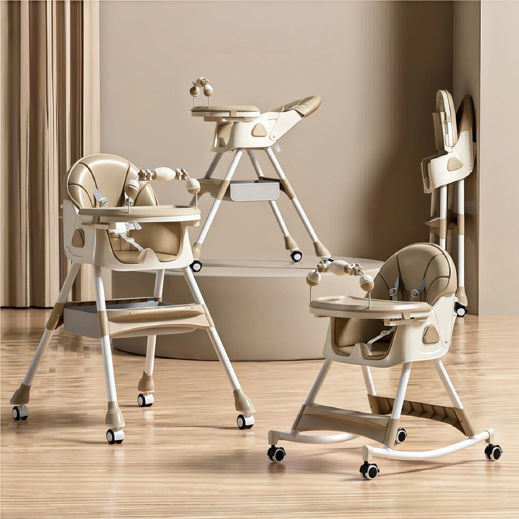 Convertible Baby High Chair 4-in-1 Toddler Feeding Seat with Removable Toy Rack, Adjustable Double Dinner Plate, Multi-Functional Rocking Horse & Yo-Yo Sliding Game Chair, Thickened Steel Tube Infant Booster Seat with Storage