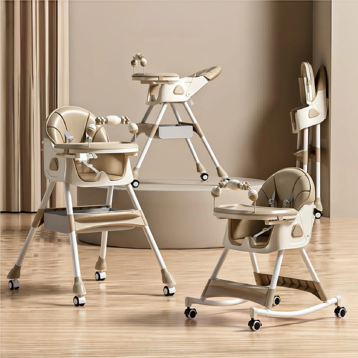 Convertible Baby High Chair 4-in-1 Toddler Feeding Seat with Removable Toy Rack, Adjustable Double Dinner Plate, Multi-Functional Rocking Horse & Yo-Yo Sliding Game Chair, Thickened Steel Tube Infant Booster Seat with Storage