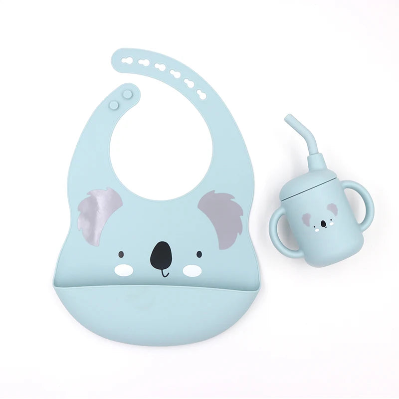 Waterproof Drool Baby Toddler Silicone Teethers Baberos Baby Silicone Bib Set Cartoon Baby Cups