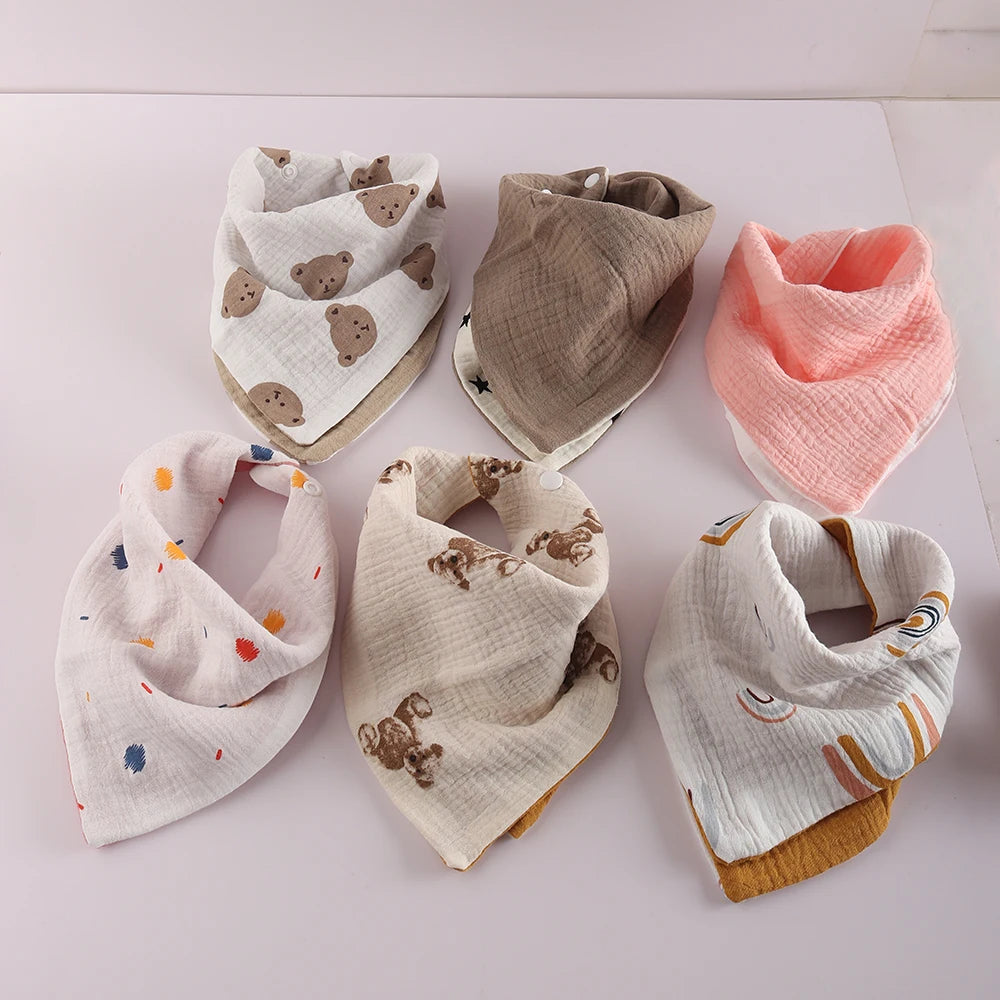 4 Layer Cotton Bandana Bib - Cute Bear Design for Babies & Toddlers Triangle Scarf Double Sided