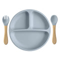 3PCS Silicone Children Tableware Baby Feeding Set Silicone Dinner Plate Wood Handle Spoon Fork BPA Free Baby Training Tableware