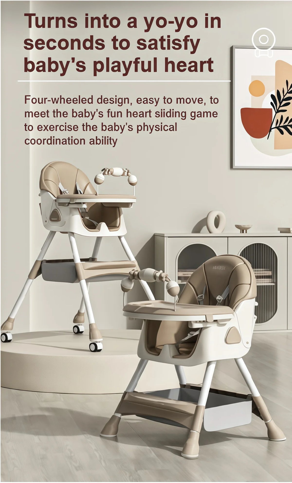 Convertible Baby High Chair 4-in-1 Toddler Feeding Seat with Removable Toy Rack, Adjustable Double Dinner Plate, Multi-Functional Rocking Horse & Yo-Yo Sliding Game Chair, Thickened Steel Tube Infant Booster Seat with Storage