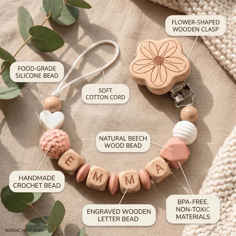 Prende-chucha Personalizado em Madeira e Silicone