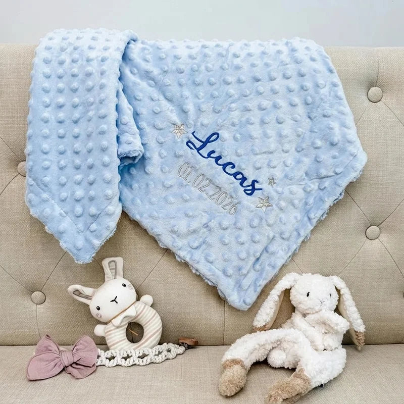 Personalized Baby Blanket Custom Name Embroidery Cute Patterns Soft Swaddle Stroller Newborn Baby Shower Gift
