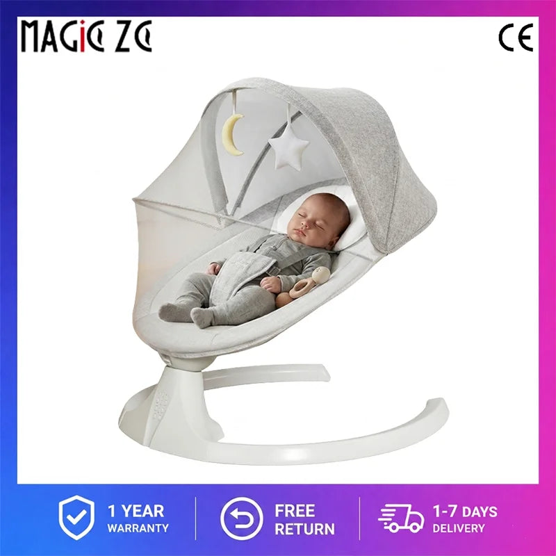 Bluetooth Music Electric Baby Rocker Bluetooth Baby Cradle 0-3 Years Crib Multi-Angle Adjustment Lightweight, Multi-Functional Newborn Essentials Timer Function Includes Mosquito Net