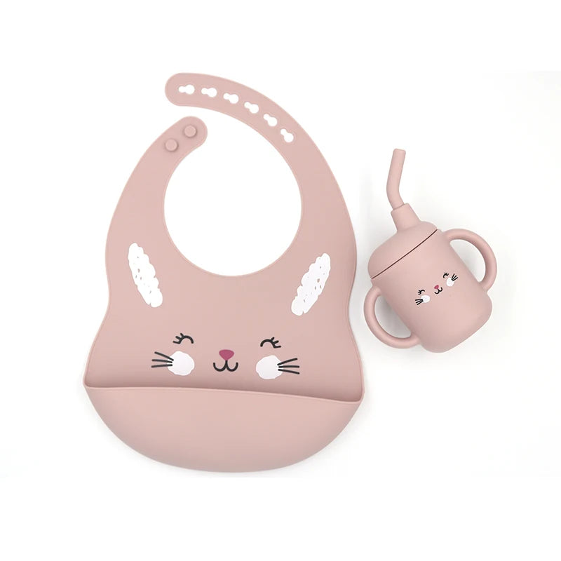Waterproof Drool Baby Toddler Silicone Teethers Baberos Baby Silicone Bib Set Cartoon Baby Cups