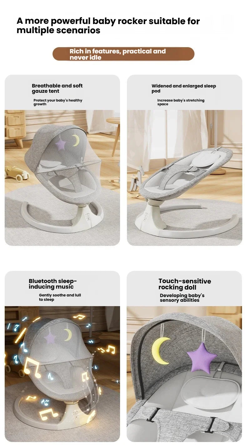 Bluetooth Music Electric Baby Rocker Bluetooth Baby Cradle 0-3 Years Crib Multi-Angle Adjustment Lightweight, Multi-Functional Newborn Essentials Timer Function Includes Mosquito Net
