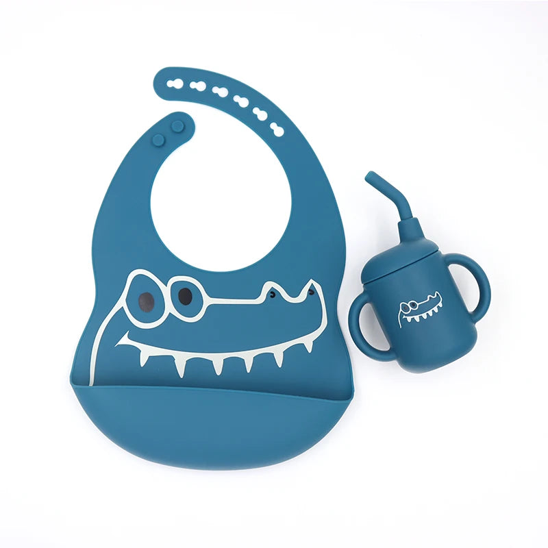 Waterproof Drool Baby Toddler Silicone Teethers Baberos Baby Silicone Bib Set Cartoon Baby Cups