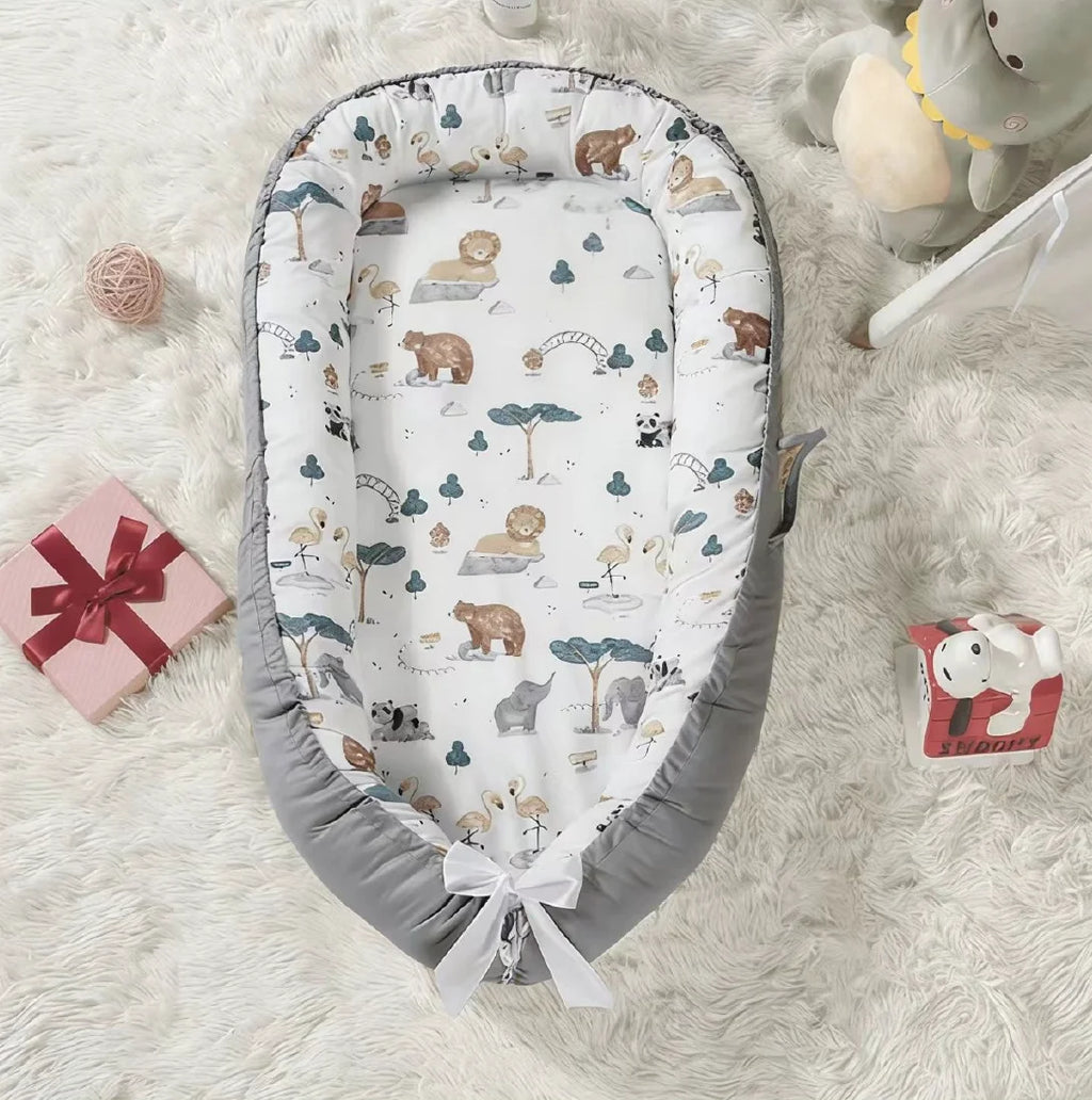 Newborn Anti-Pressure Baby Nest Bed, Neutral Animal Print Infant Co-Sleeper with Washable Cover, Foldable Travel Baby Bed