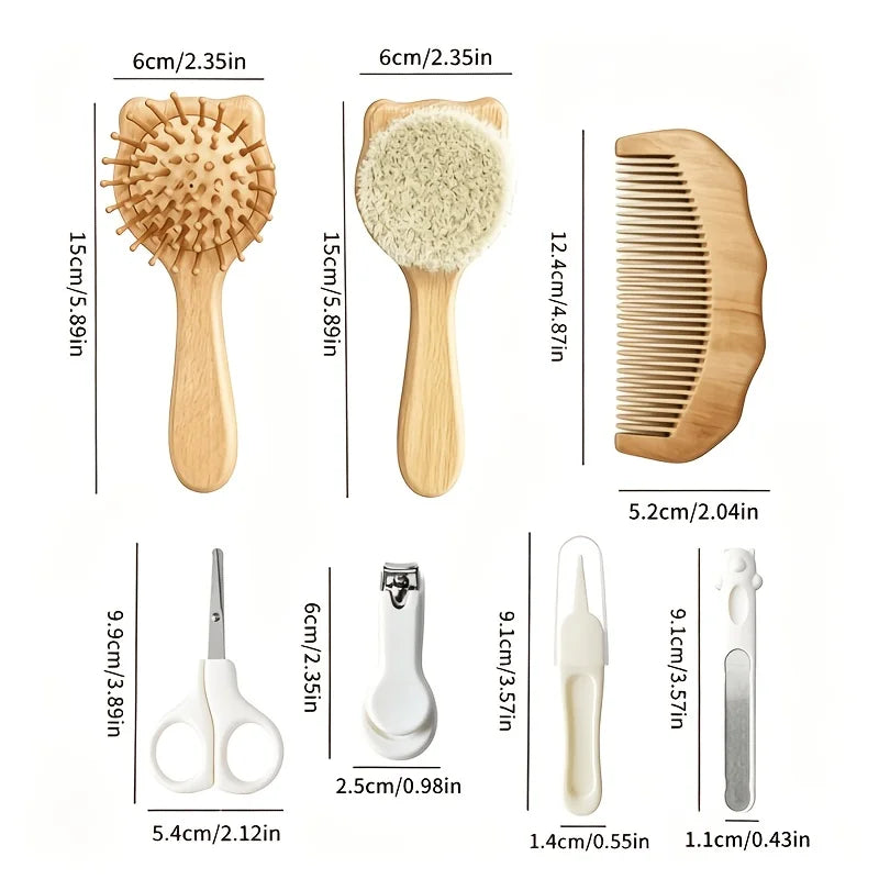 7-Piece Accessory Set for baby Daily Care, Including Wooden Brush, Air Cushion Comb, Nail Clipper, Nail File, Cleaning Forceps