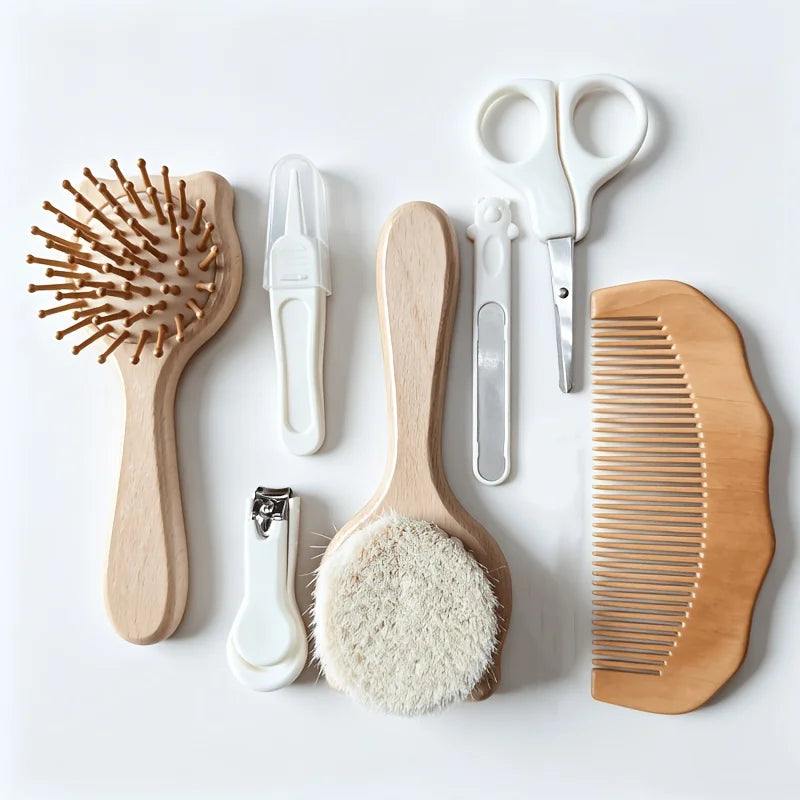 7-Piece Accessory Set for baby Daily Care, Including Wooden Brush, Air Cushion Comb, Nail Clipper, Nail File, Cleaning Forceps