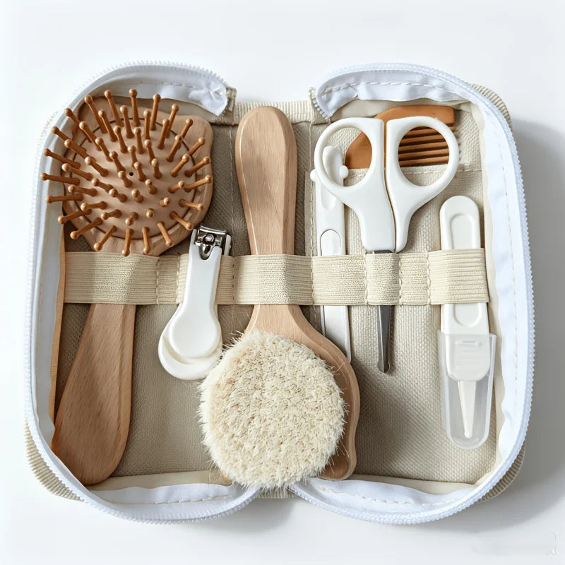 7-Piece Accessory Set for baby Daily Care, Including Wooden Brush, Air Cushion Comb, Nail Clipper, Nail File, Cleaning Forceps
