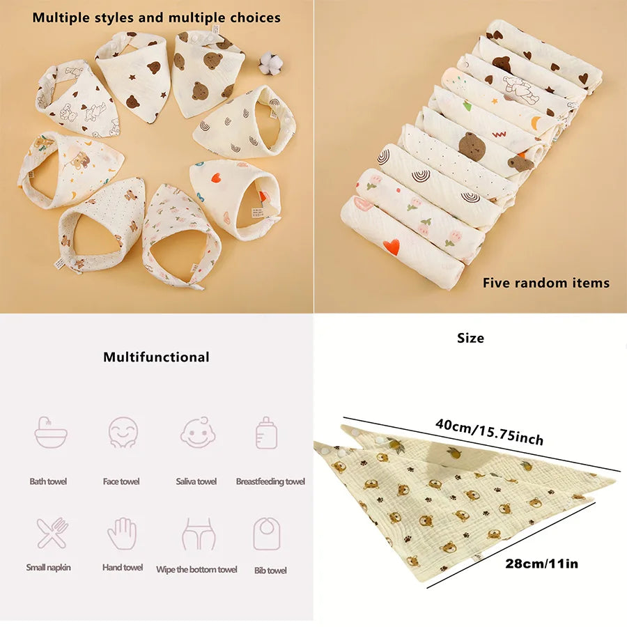 1 Piece/3 Pieces of Baby Bibs, Cute Cartoon Patterns, Pure Cotton Gauze Material, Children's Triangle Bibs, Suitable for Home and Outdoor Use