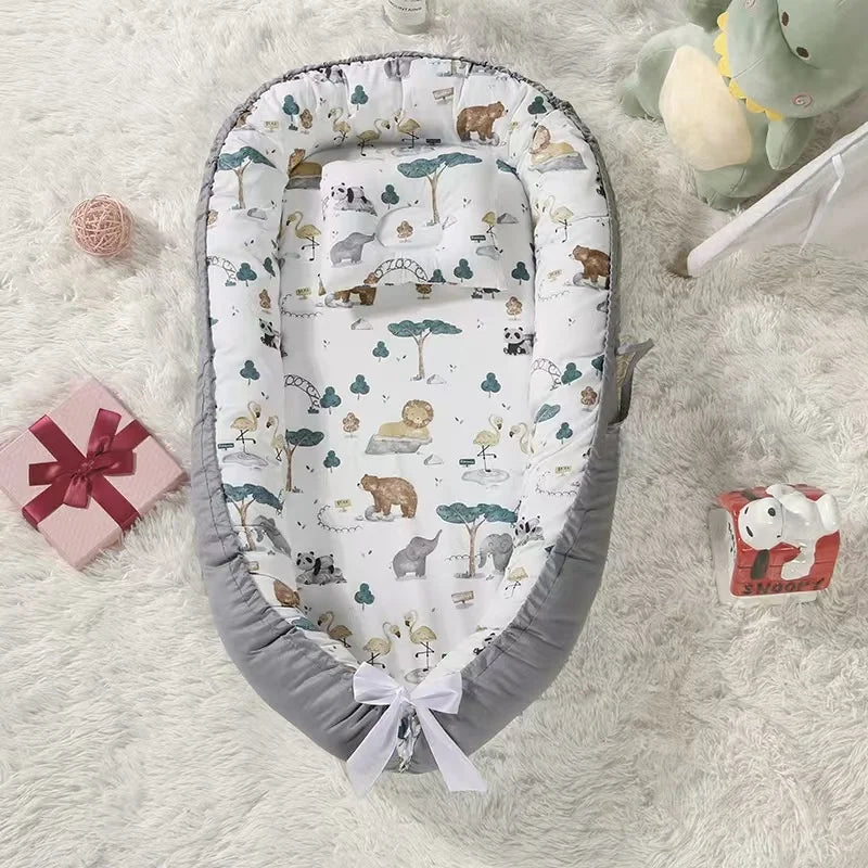 Newborn Anti-Pressure Baby Nest Bed, Neutral Animal Print Infant Co-Sleeper with Washable Cover, Foldable Travel Baby Bed