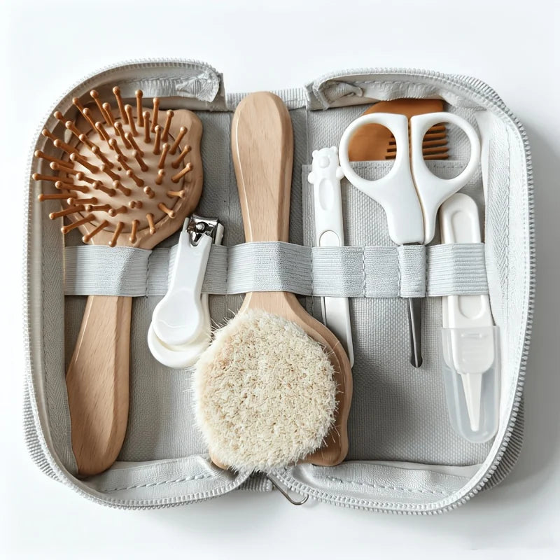 7-Piece Accessory Set for baby Daily Care, Including Wooden Brush, Air Cushion Comb, Nail Clipper, Nail File, Cleaning Forceps