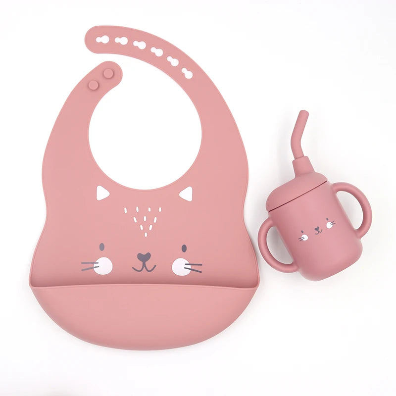 Waterproof Drool Baby Toddler Silicone Teethers Baberos Baby Silicone Bib Set Cartoon Baby Cups