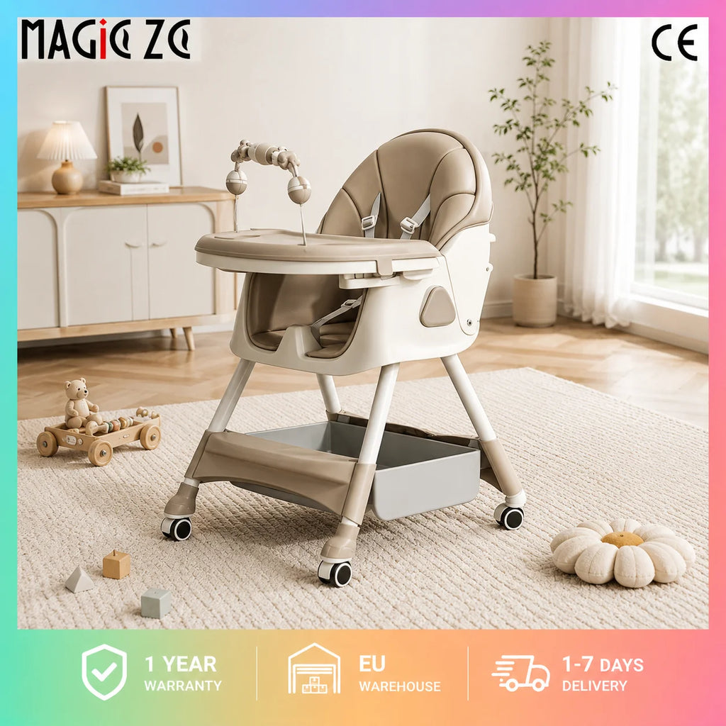 Convertible Baby High Chair 4-in-1 Toddler Feeding Seat with Removable Toy Rack, Adjustable Double Dinner Plate, Multi-Functional Rocking Horse & Yo-Yo Sliding Game Chair, Thickened Steel Tube Infant Booster Seat with Storage
