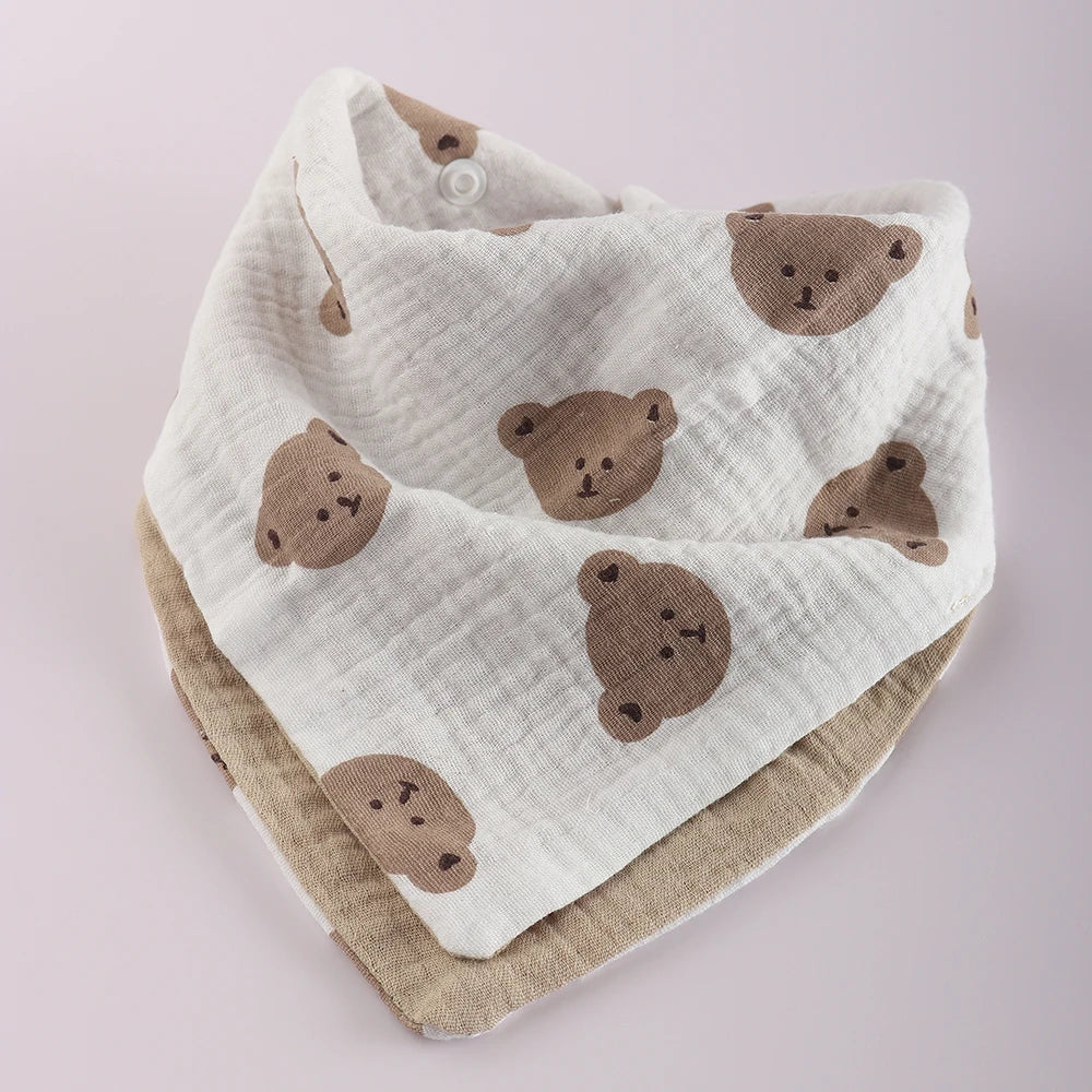 4 Layer Cotton Bandana Bib - Cute Bear Design for Babies & Toddlers Triangle Scarf Double Sided