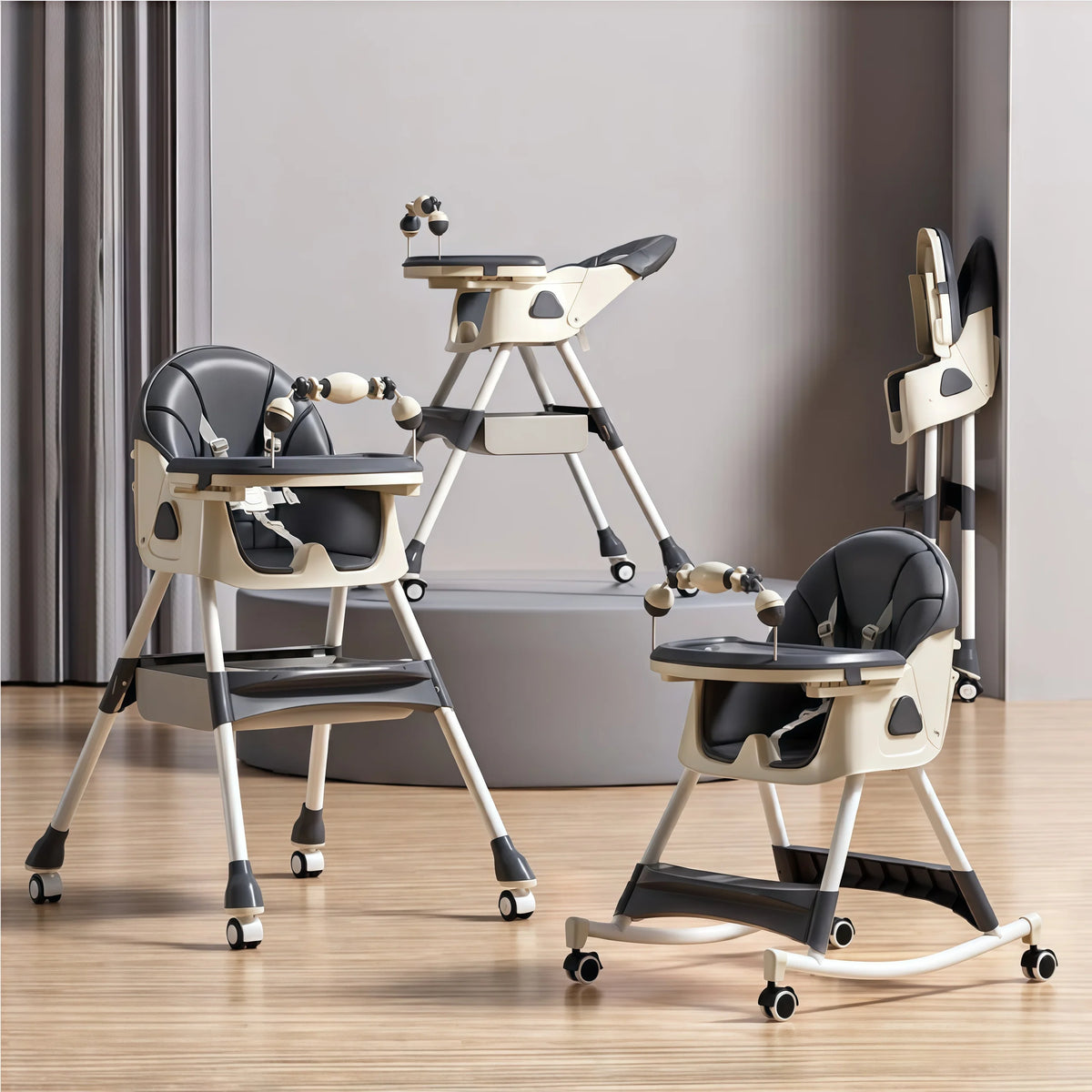 Convertible Baby High Chair 4-in-1 Toddler Feeding Seat with Removable Toy Rack, Adjustable Double Dinner Plate, Multi-Functional Rocking Horse & Yo-Yo Sliding Game Chair, Thickened Steel Tube Infant Booster Seat with Storage