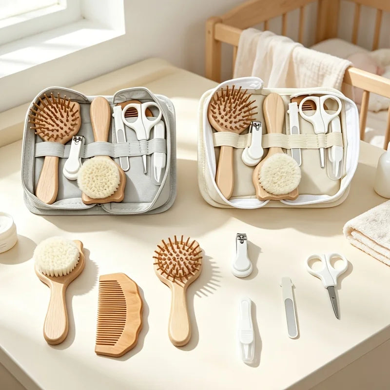 7-Piece Accessory Set for baby Daily Care, Including Wooden Brush, Air Cushion Comb, Nail Clipper, Nail File, Cleaning Forceps