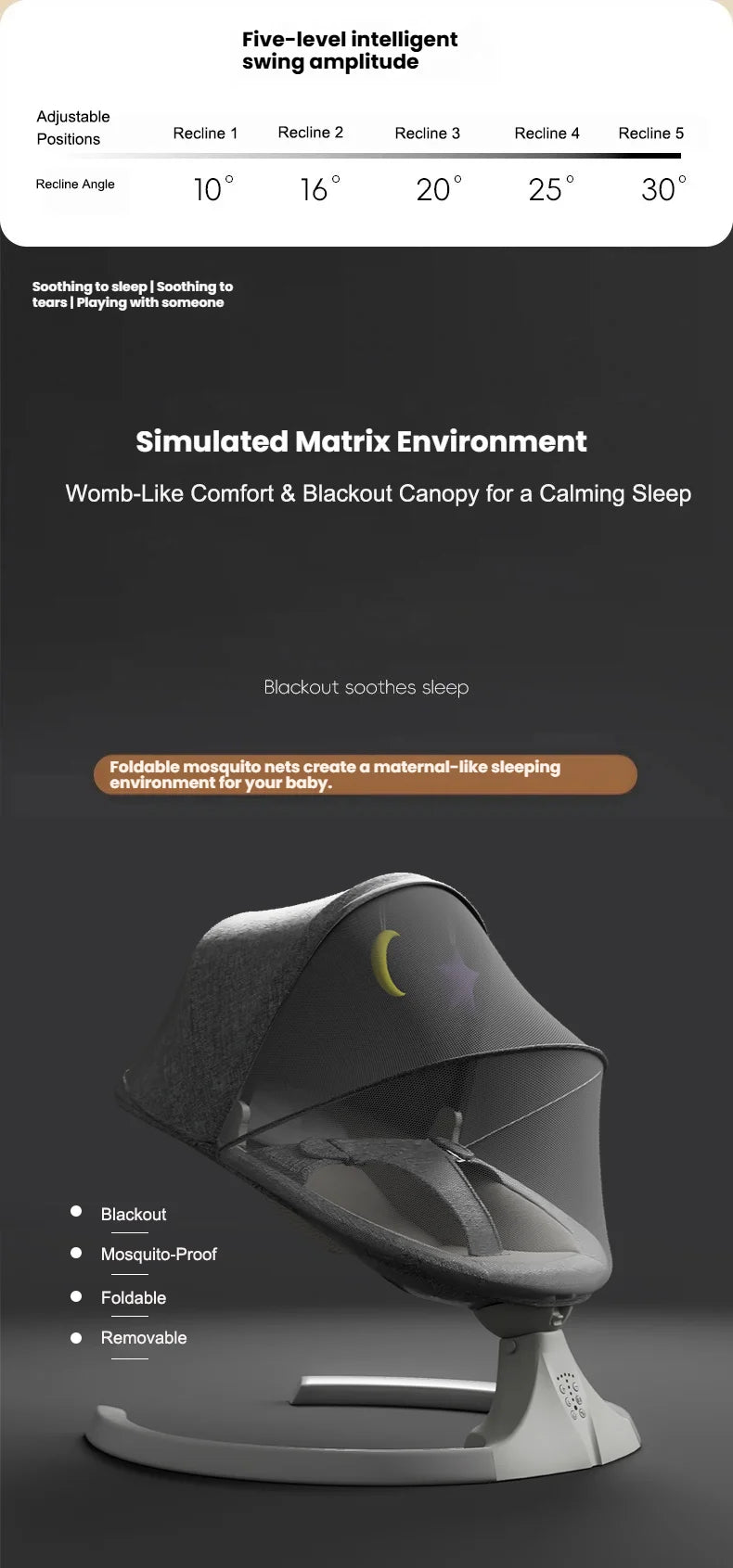 Bluetooth Music Electric Baby Rocker Bluetooth Baby Cradle 0-3 Years Crib Multi-Angle Adjustment Lightweight, Multi-Functional Newborn Essentials Timer Function Includes Mosquito Net