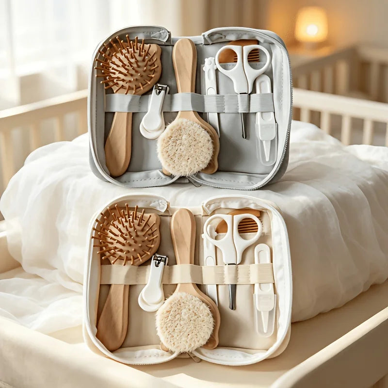 7-Piece Accessory Set for baby Daily Care, Including Wooden Brush, Air Cushion Comb, Nail Clipper, Nail File, Cleaning Forceps